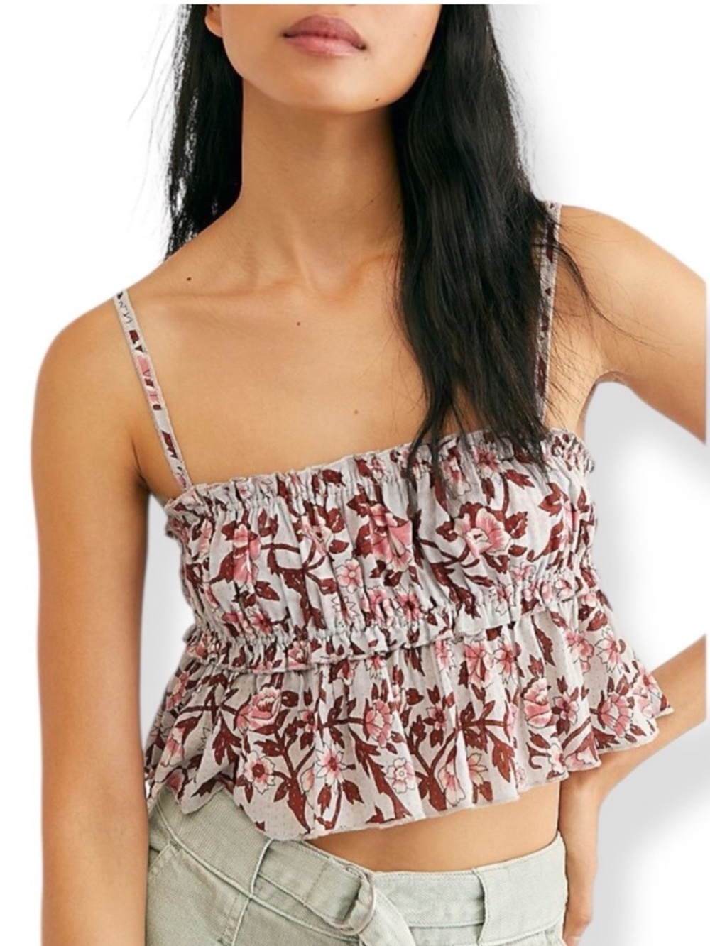 Free People One Namaste Bohemian Floral Print Ruffle Cotton Crop Top Size XS
